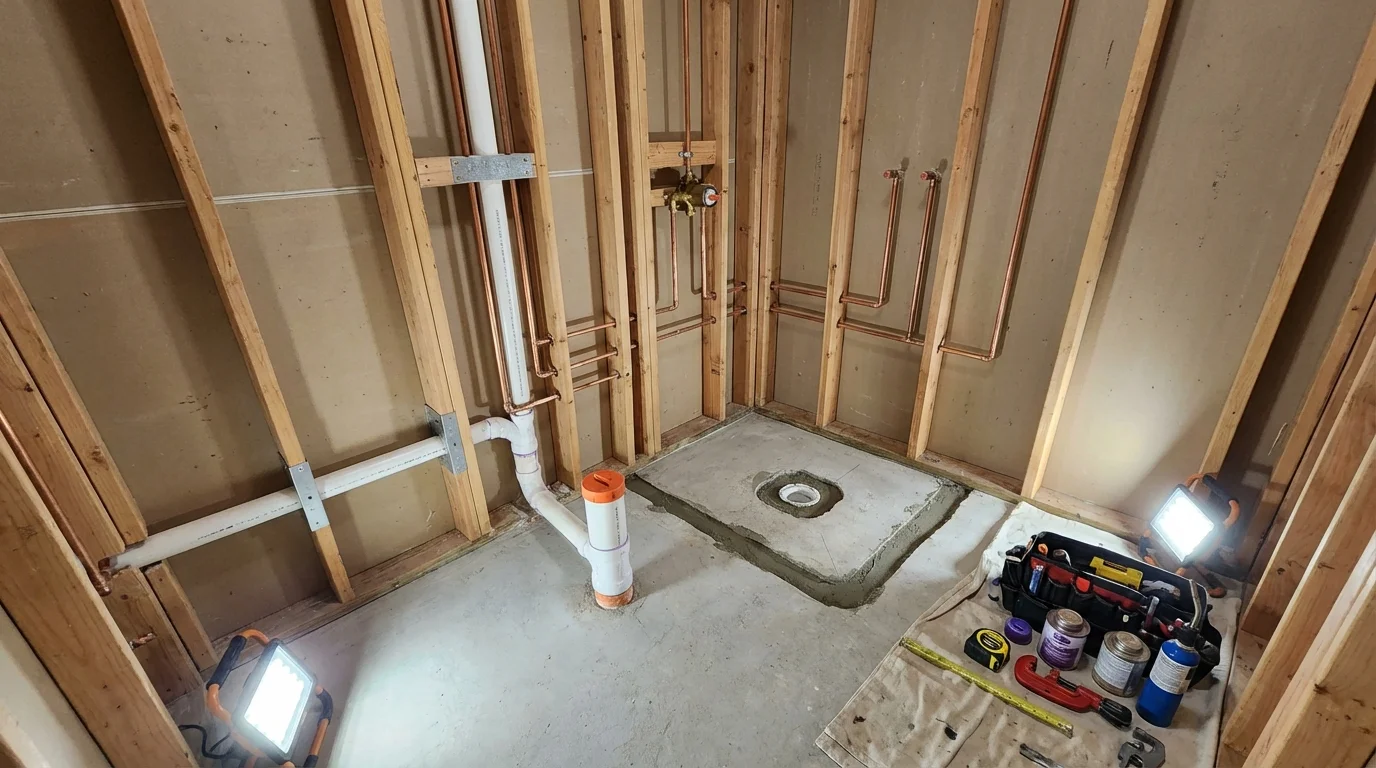 Bathroom rough-in plumbing during remodel by Johns Plumbing LLC in Youngtown