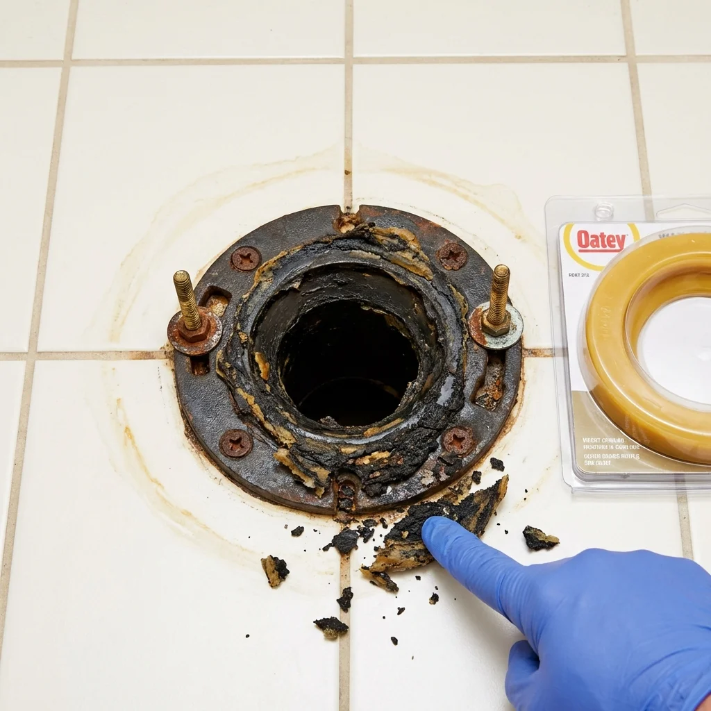 Failed wax ring showing water seepage at the base of a toilet in a Youngtown, AZ home