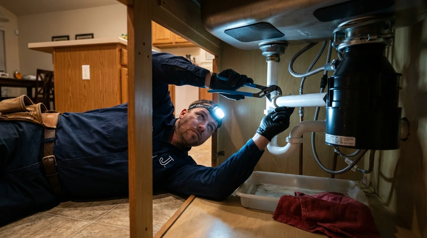 P-trap and supply line connections under a kitchen sink showing a common leak point in Youngtown, AZ